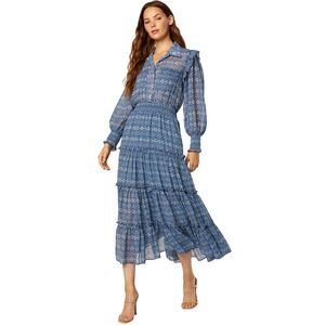 MISA Los Angeles Midi Dress Medium Blue Tile Lurex Ruffle Smocked Boho Marian